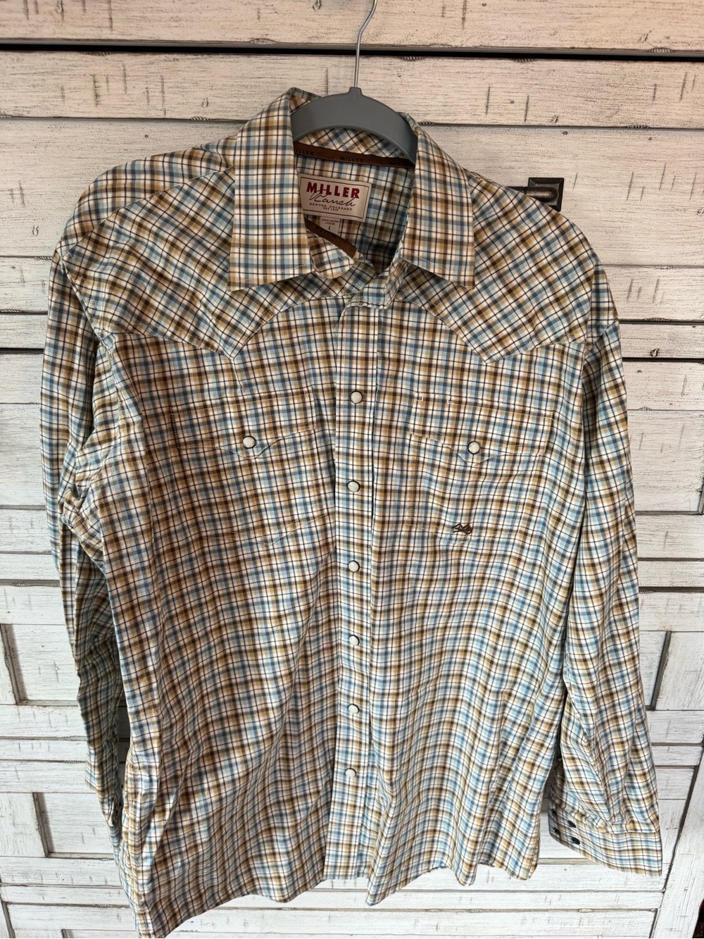 Plaid Western Button-Down Shirt - Tan, Blue, White